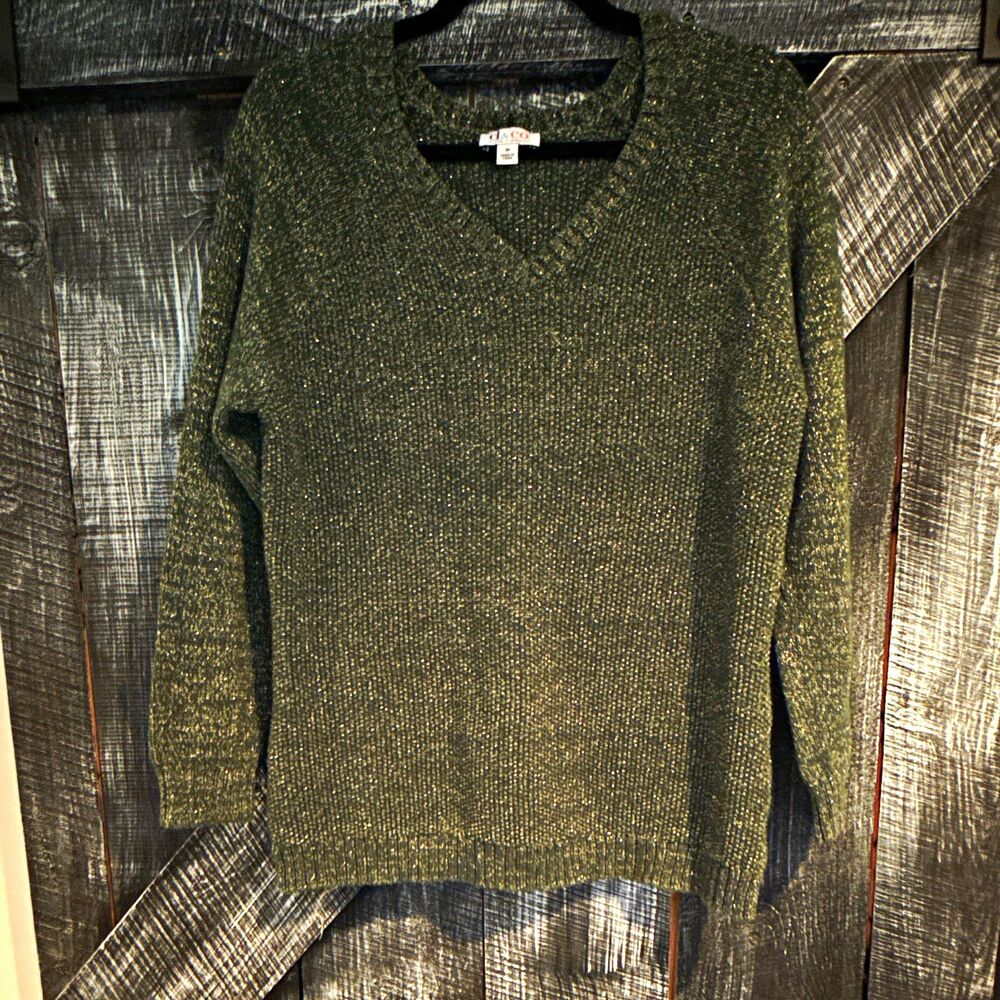 d&co Women's Green Solid Knit V-Neck Long Sleeve Pullover Sweater Size M